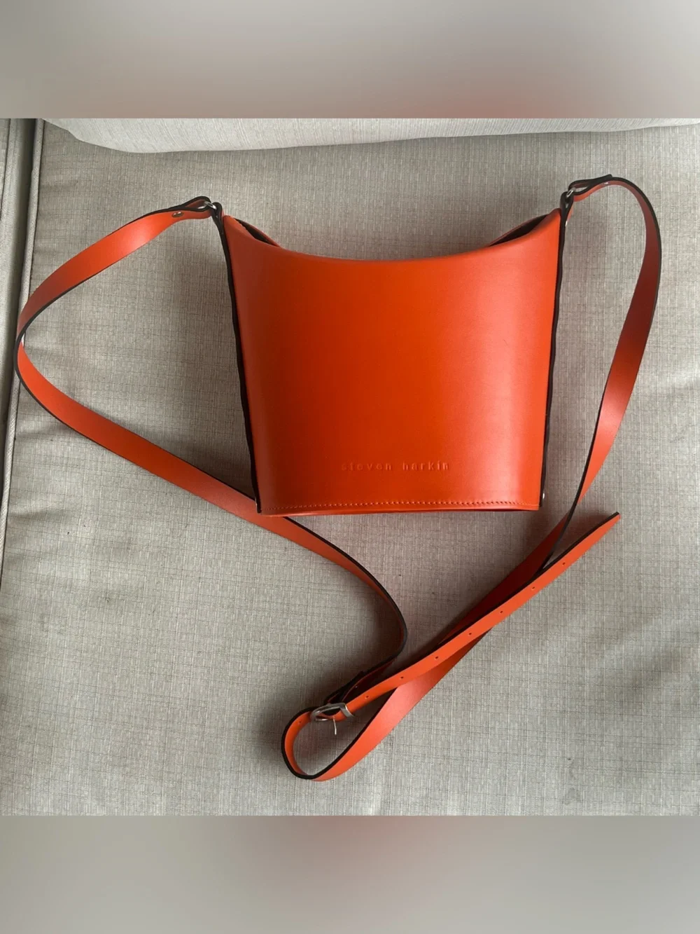 Signed Steven Harkin Orange Leather Crossbody Bucket Bag